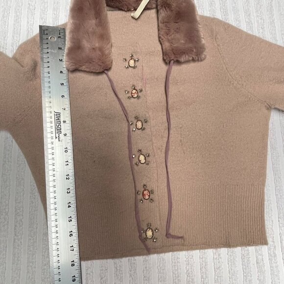 Vintage Easel Women's Snap Button Beige Faux Fur Trim Detachable Collar Jacket - Picture 11 of 11